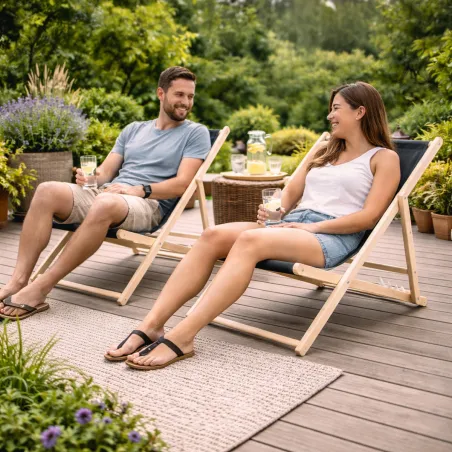 Lot de 2 chiliennes en toile coton gris - Bois de pin