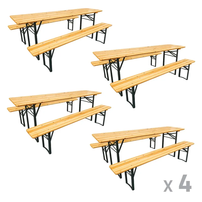 Ensemble 4 tables + 8 bancs pin massif 177 cm pliables