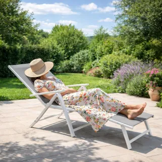 Chaise longue alu blanc 175 cm - Toile textilène résistante