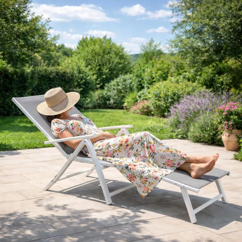 Chaise longue alu blanc 175 cm - Toile textilène résistante