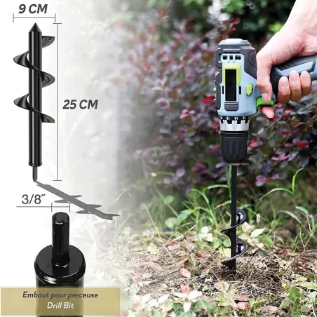 Tarière pour perceuse Ø9 cm - Creusage facile au jardin
